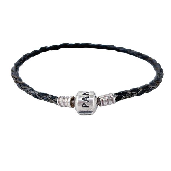 Pandora Black Leather Corded Charm Bracelet | Vintage Sterling Silver 7.5" - Picture 3 of 8